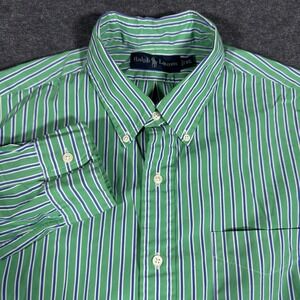 Ralph Lauren Button Down Shirt Mens XL Green Striped Long Sleeve Cotton Preppy